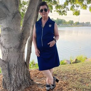 Vintage 1960’s Blue Poly Shift Dress with White Top-Stitching - Large